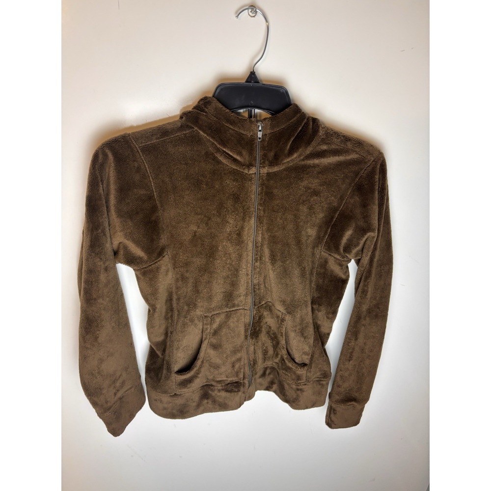 PATAGONIA Women Fluffy Fleece Jumper Size S Full Zip Hooded Brown Polyester